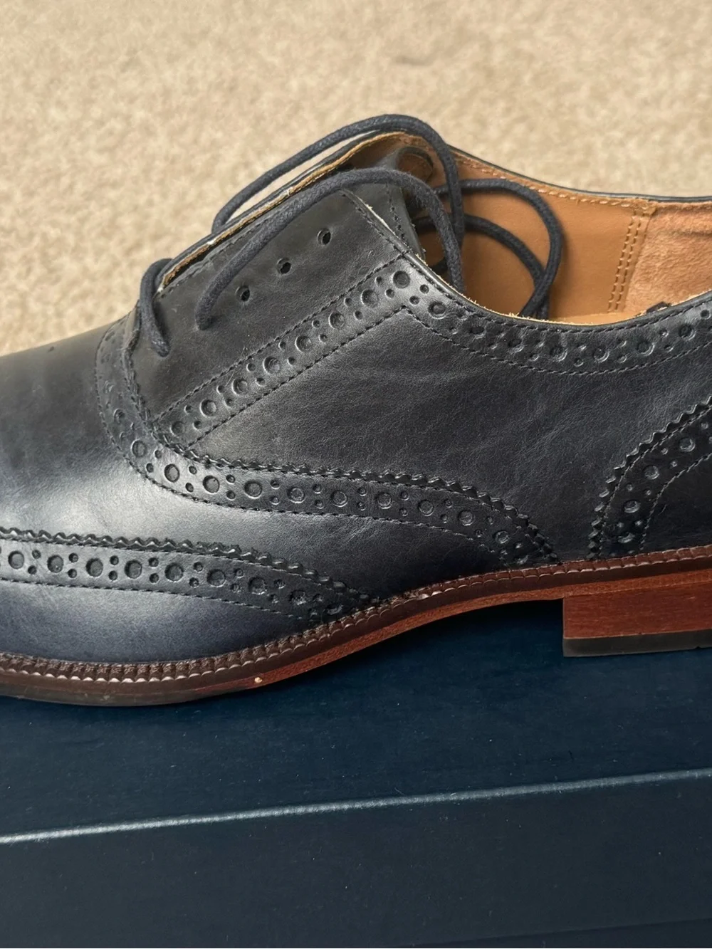 Cole Haan Navy Brogue Derby with Brown Stacked Sole
